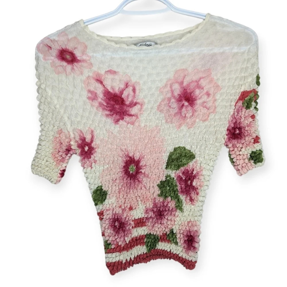 Vintage Y2K Andrea Popcorn  Short Sleeve Cream Shirt Pink Floral Women OS Stetch